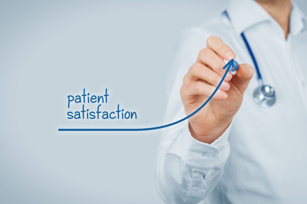 Doctor improve patient satisfaction concept and better access to medical and healthcare supervision. Medical practitioner want to increase number of satisfied clients (patients).